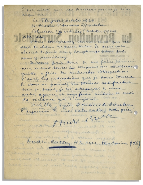 Andre Breton Autograph Letter Signed on The Surrealist Revolution Letterhead -- ''...newspapers concerning a Mr. Breton, politician, a Mr. Le Breton, professor, and even Bretons dead in the war...''